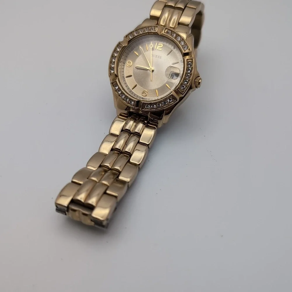 Guess Women's UB5110L1 Waterpro Analog/Date Watch. Gold Tone w Crystal, Works.